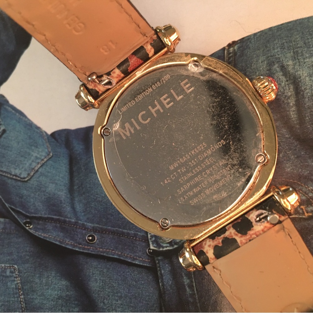Michele Gold Plate with 1.6 C diamonds and Leopard Women's leathers band Watch - Picture 7 of 12